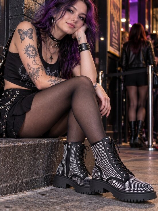 Gianni Bini Shoes - Rhinestone Combat Boots Womens Goth Punk Concert Black Gianni Bini 8.5M